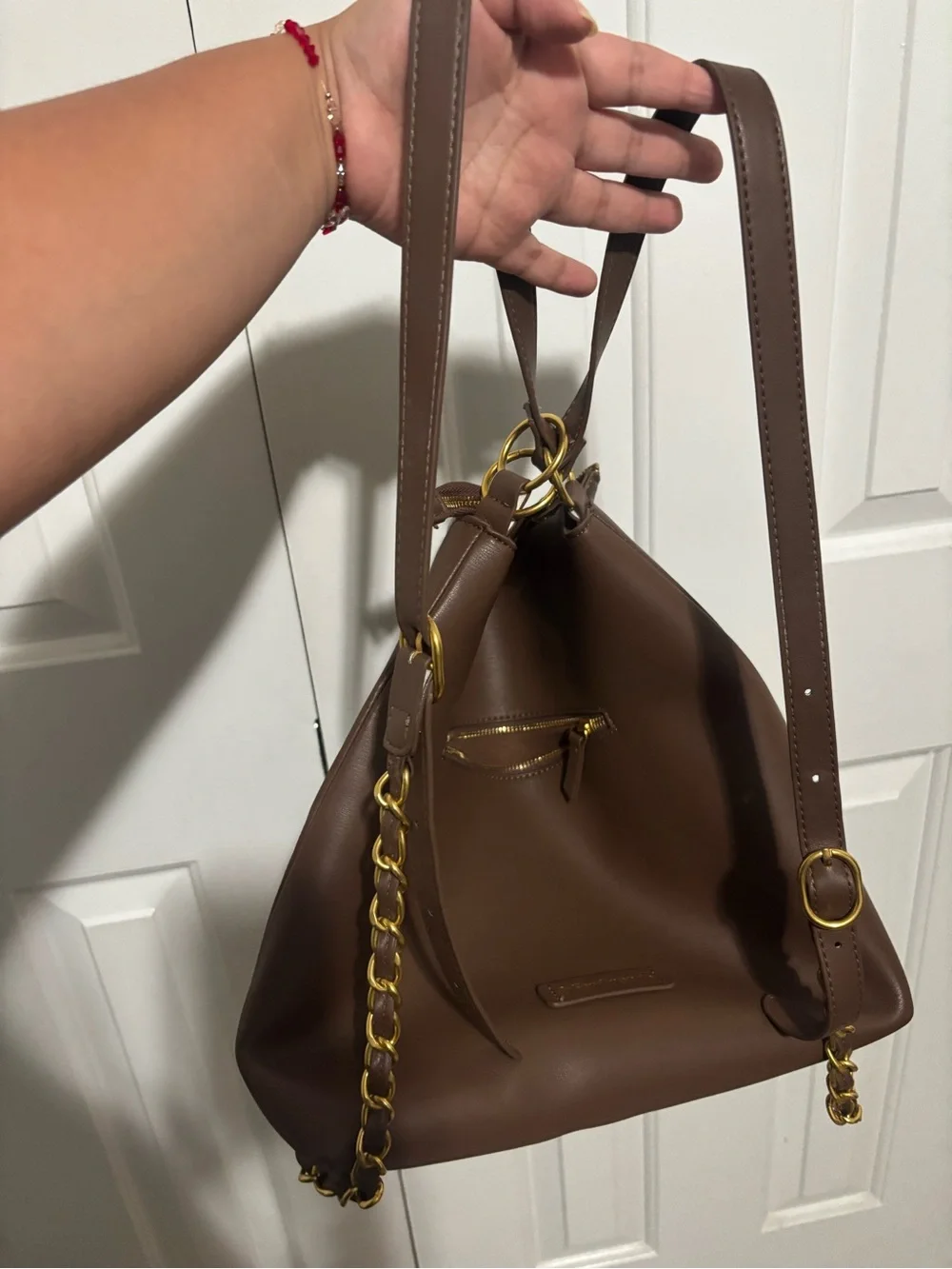 Embroidered Ribbon Detail Brown Tote Backpack